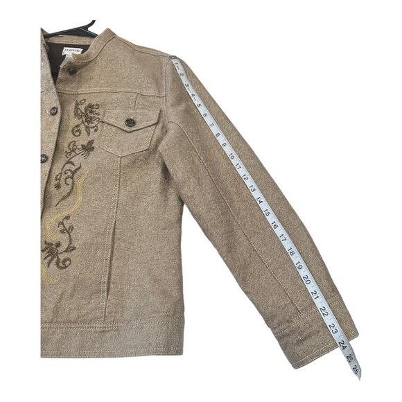 Chicos Metallic Embroidered Button-Up Jacket SZ 2 Beige Long Sleeve Cotton Blend - Picture 6 of 16